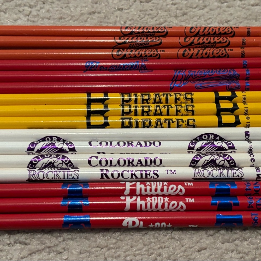Vintage 1993 NDC MLB Team Logo Pencils Lot Phillies Rockies Pirates Braves New